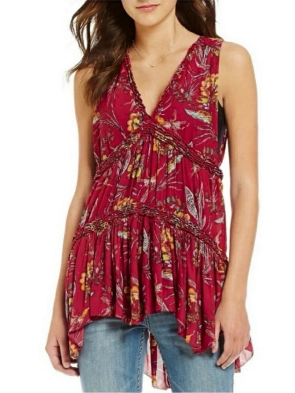 Free People Women's Floral V-Neck Sleeveless Tunic Top - Burgundy size Medium